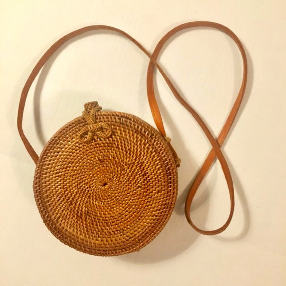 Crossbody Bag Woven Rattan Round Leather Strap